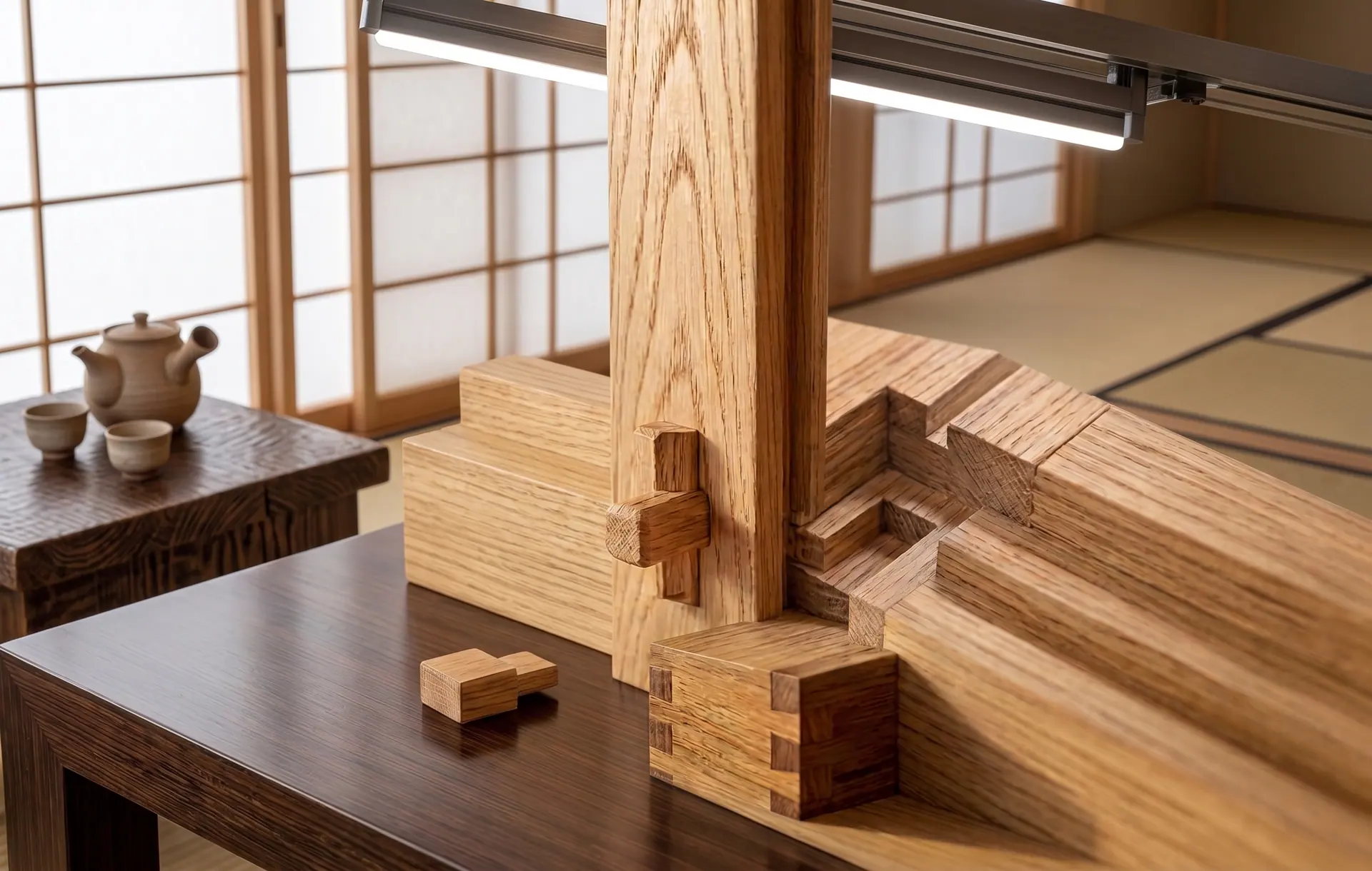 Interno moderno con montanti e incastri in legno a vista, tavolo scuro e pannelli traslucidi