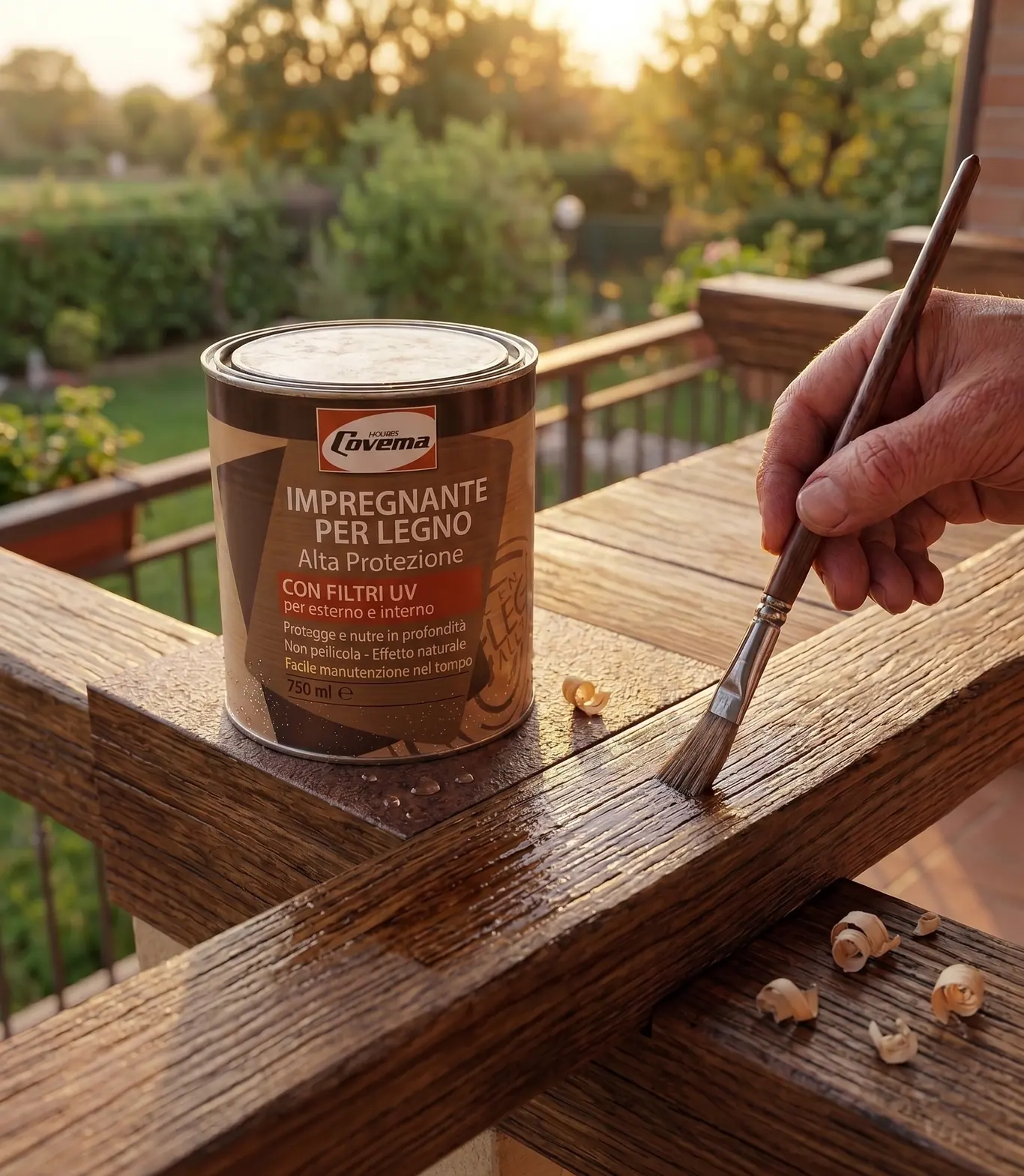 La latta dell'Impregnante per Legno Alta Protezione appoggiata sulla ringhiera di un terrazzo in legno, con una mano che stende il prodotto a pennello