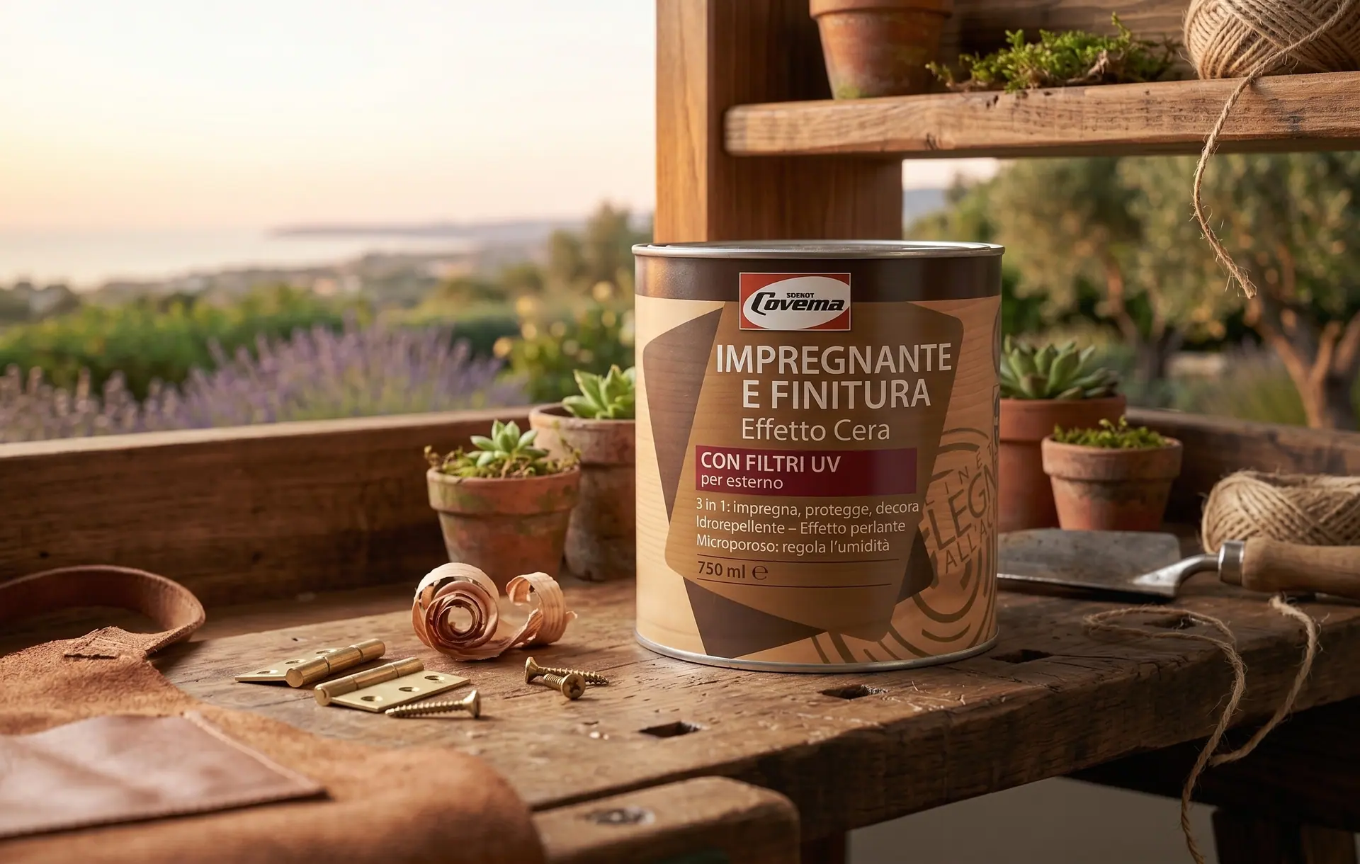 La latta dell'Impregnante e Finitura Effetto Cera su una mensola da giardino, fra i vasi di piante grasse
