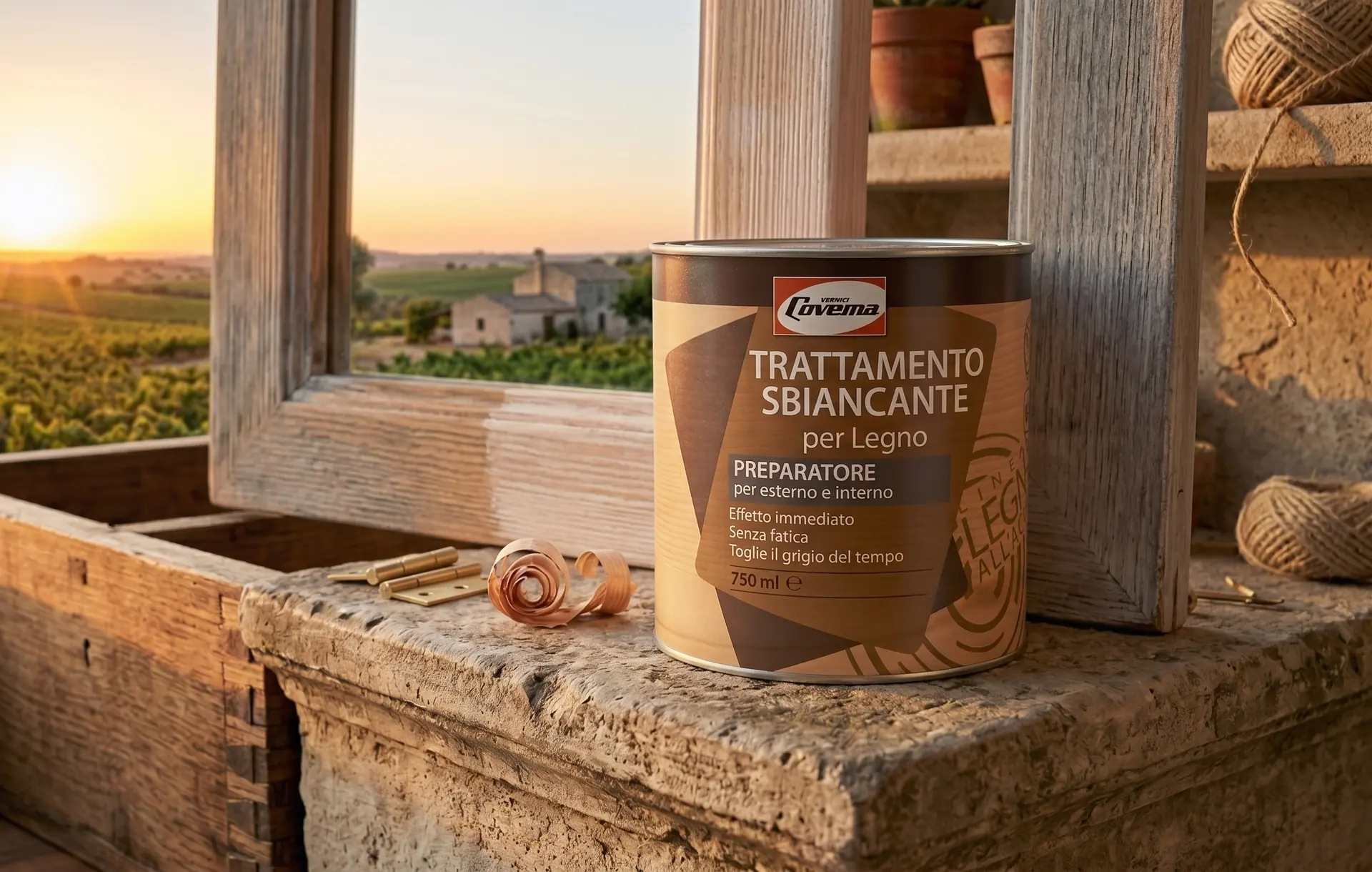 La latta del Trattamento Sbiancante per Legno su un davanzale in legno, con la campagna al tramonto sullo sfondo