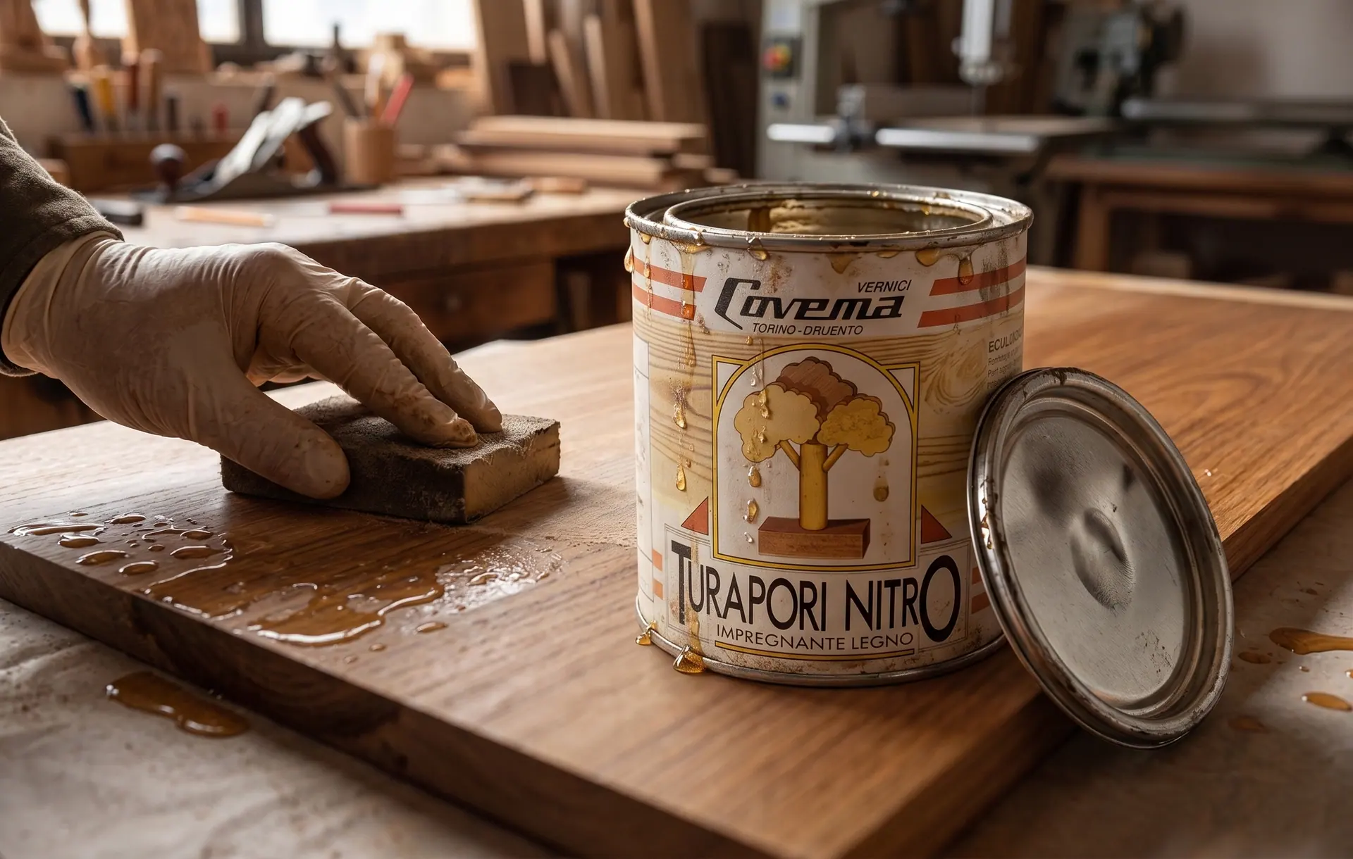 La latta del Turapori Nitro Covema appoggiata sul pannello, accanto alla mano guantata che carteggia