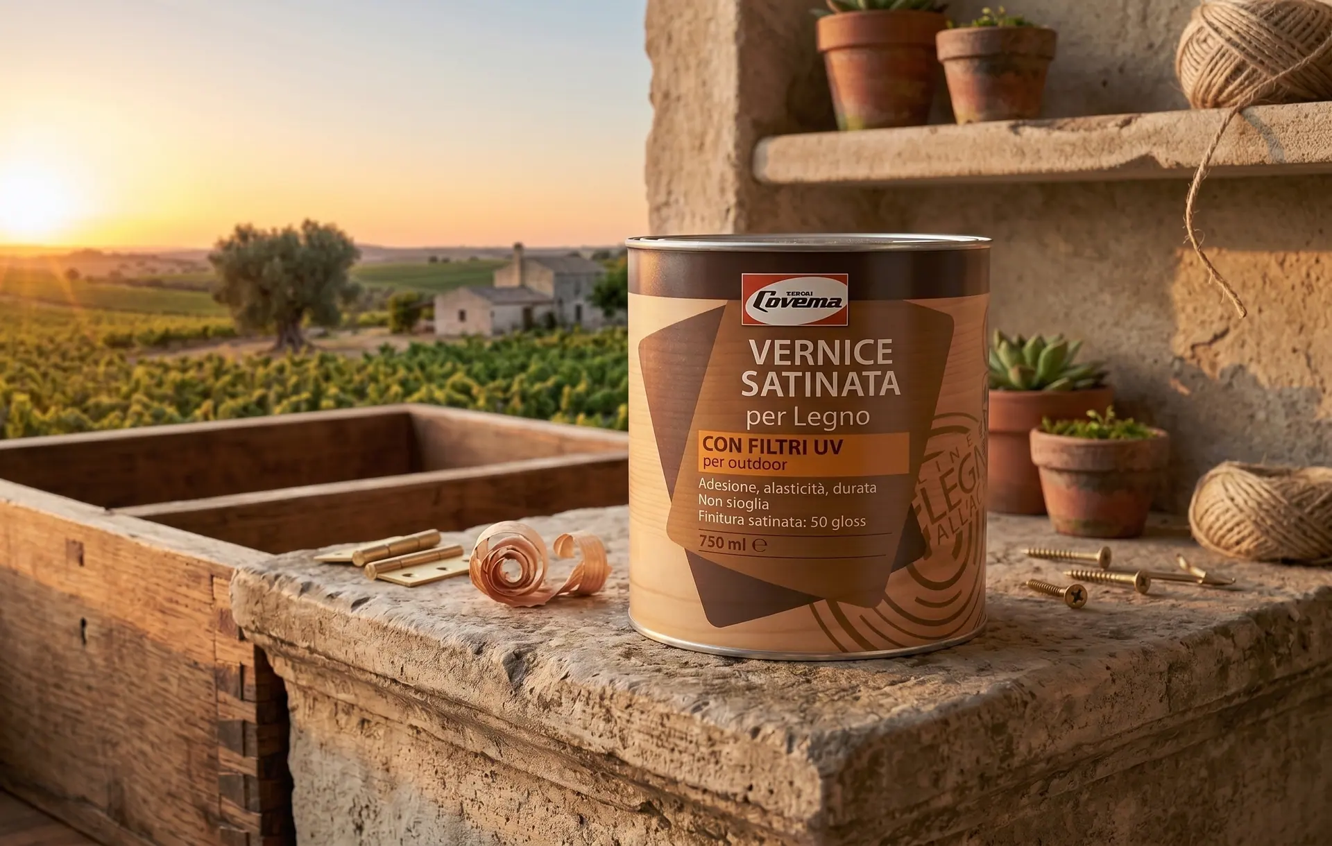 La latta della Vernice Satinata per Legno appoggiata sul bordo di una fioriera in legno, con la campagna sullo sfondo