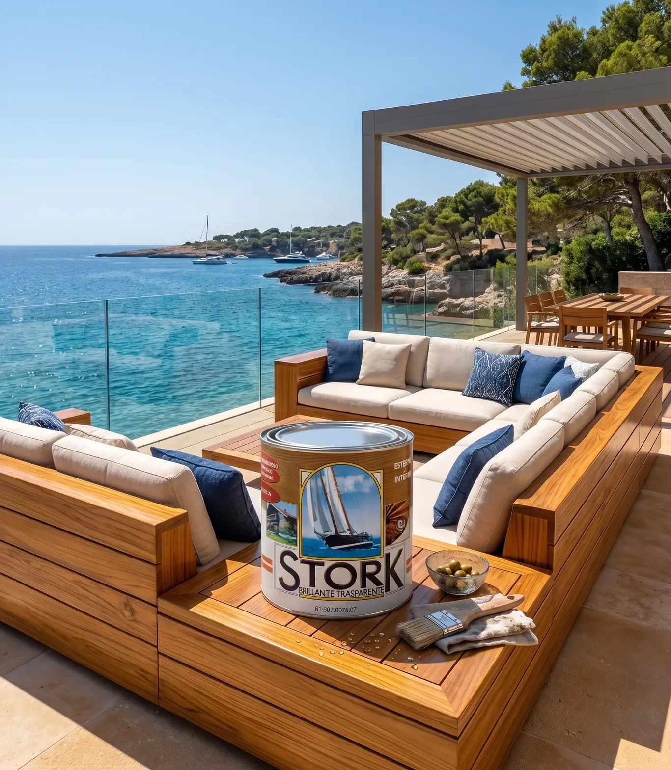 Salotto esterno con sedute in legno su una terrazza fronte mare, con la latta di Stork appoggiata sul piano