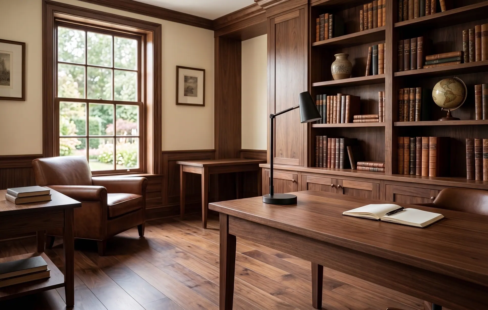 Studio rivestito in legno con libreria, poltrona e scrivania, illuminato dalla finestra