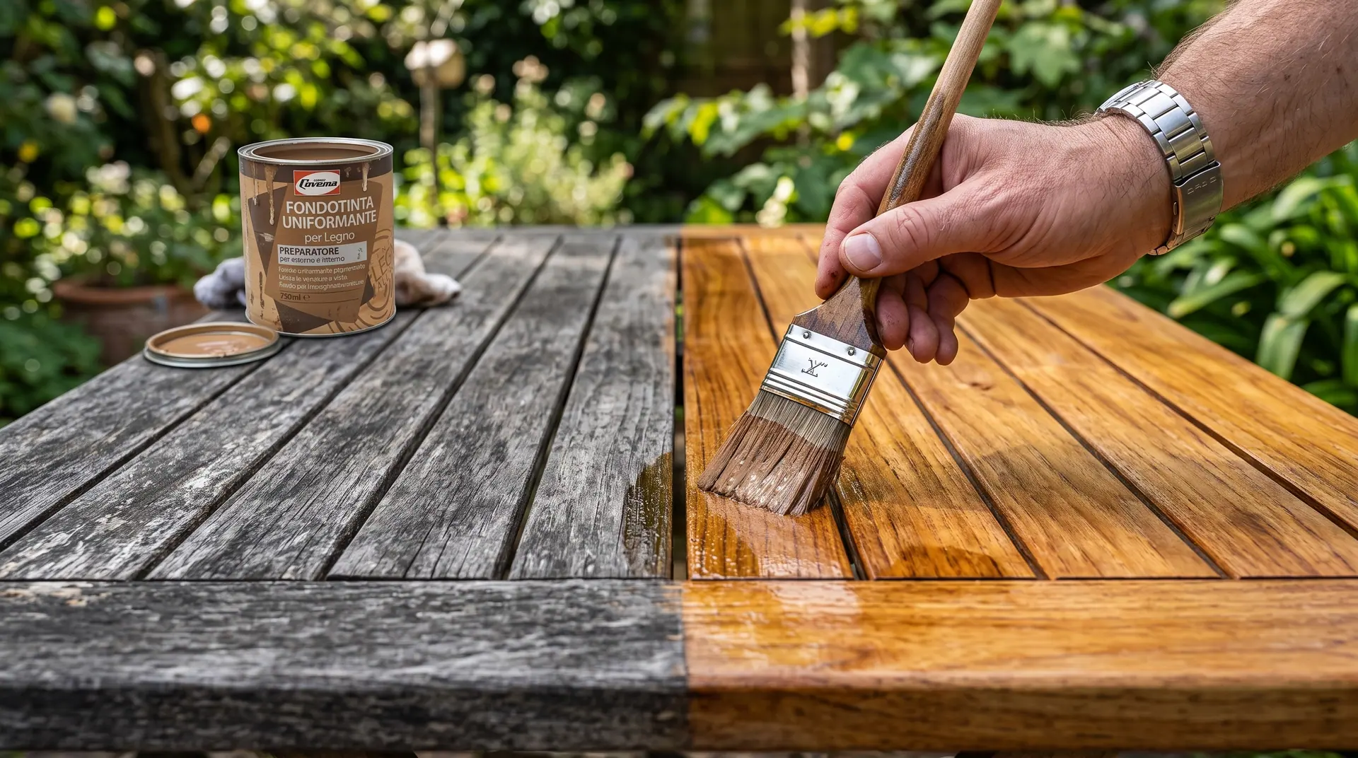 Tavolo da giardino trattato per metà: a sinistra le doghe ancora grigie, a destra il legno già rinnovato, con una mano che stende a pennello e la latta sullo sfondo