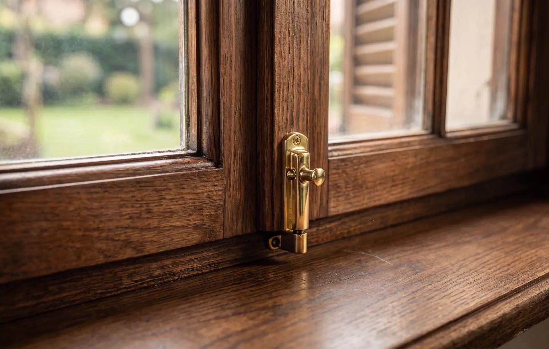 Lo stesso telaio di finestra risanato, con la maniglia in ottone e il legno tornato uniforme