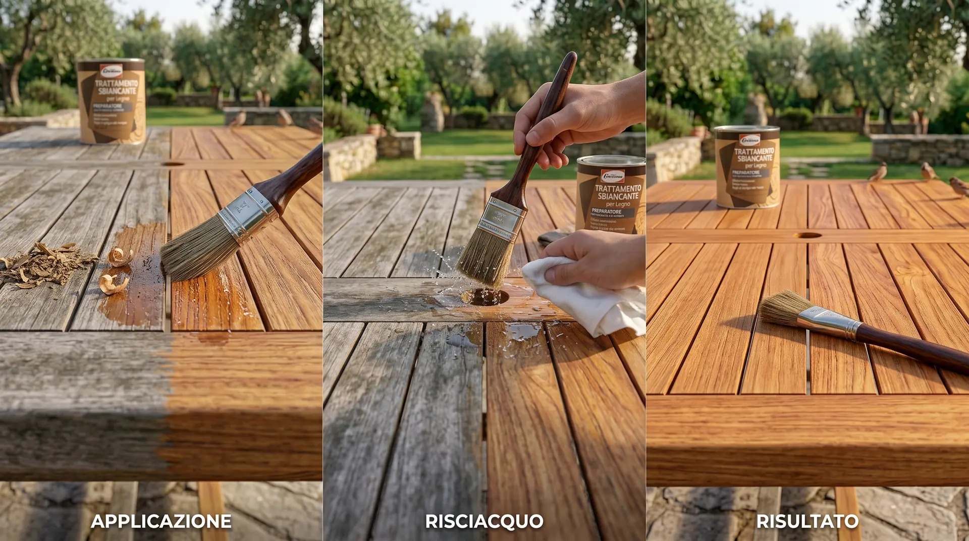 Trittico con le didascalie stampate dentro l'immagine — APPLICAZIONE, RISCIACQUO, RISULTATO — su un tavolo da esterno ingrigito che torna al colore naturale