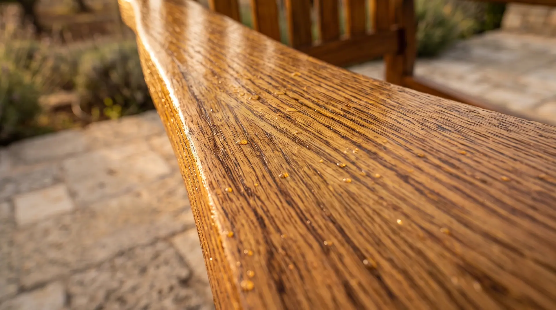 Primo piano della venatura del teak trattato, con le gocce d'acqua che perlano sulla superficie